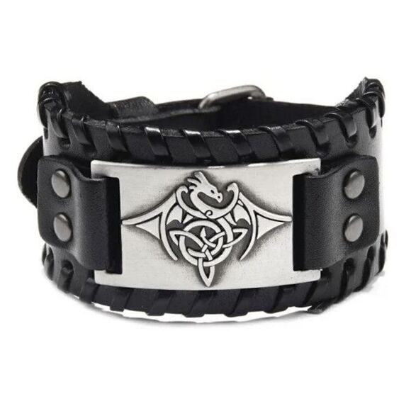 Viking Punk Gothic Black Leather Cuff Bracelet Wristband with Nordic Amulet - Picture 2 of 7